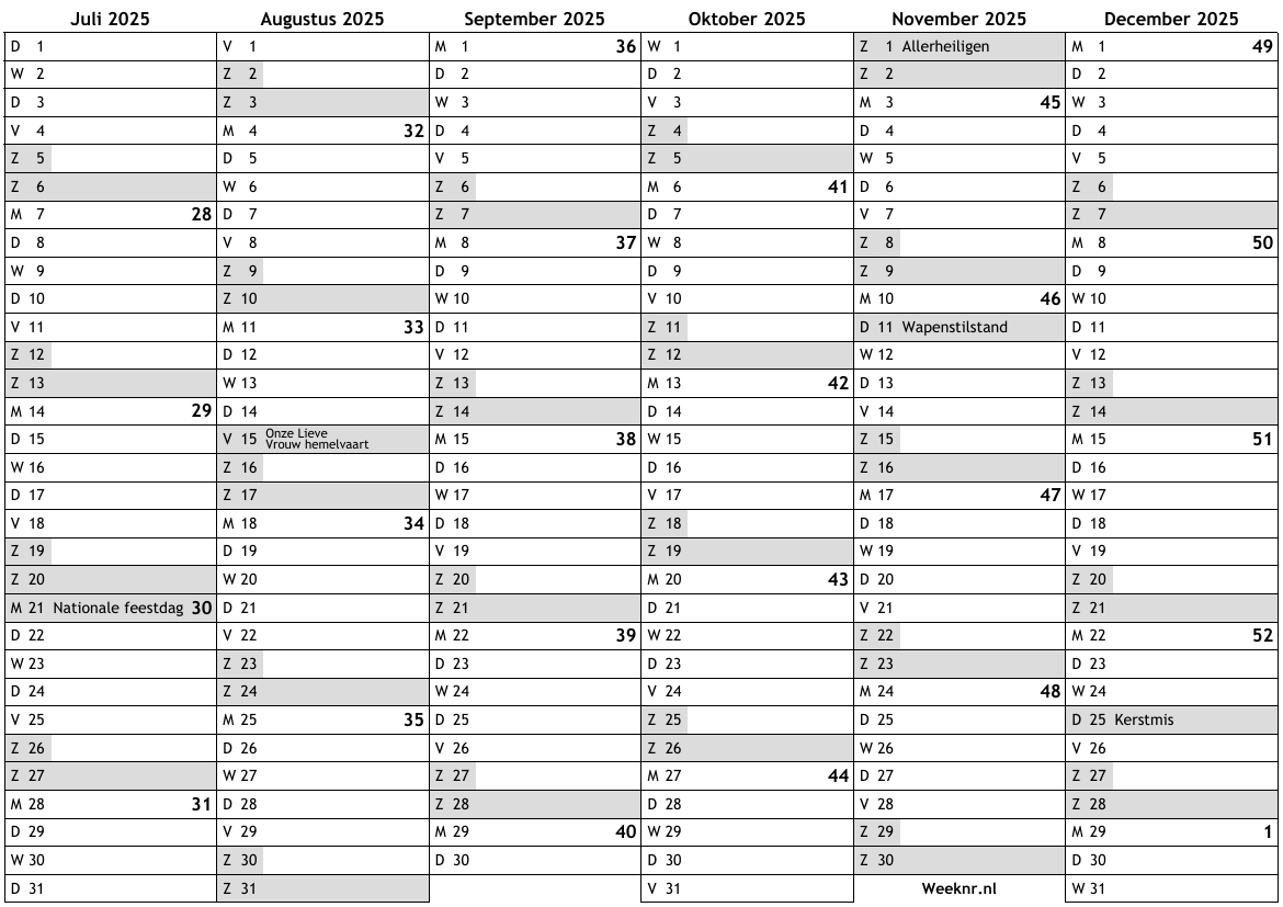 Kalender 2025, 2e helft