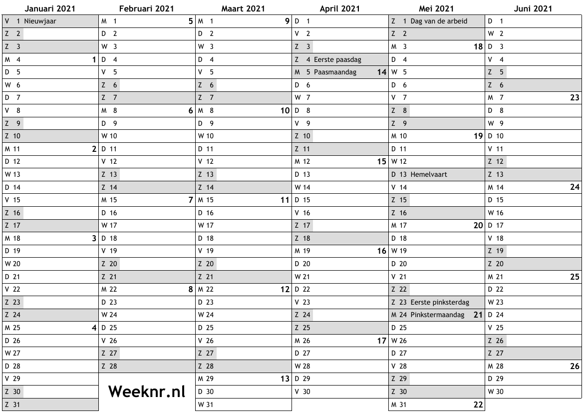 Kalender voor 2021 met weeknummers en feestdagen … nationale feestdagen
