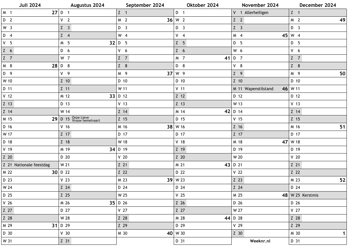 Kalender Voor 2024 Met Weeknummers En Feestdagen … Nationale Feestdagen ...