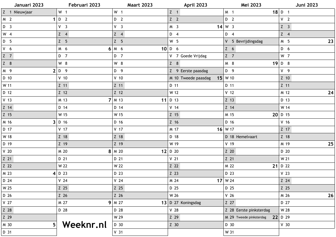 Allergie stam Pelagisch Kalender voor 2023 met weeknummers en feestdagen … nationale feestdagen,  weken, agenda, A4, gratis online kalender, download PDF, drukken